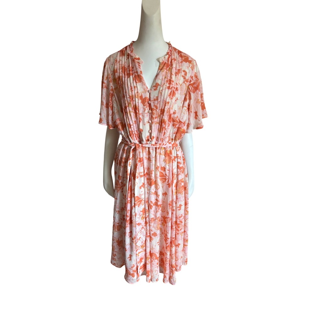 Torrid Orange Pink Floral Pleated Chiffon Midi Dress Flutter Sleeve Plus Size 2